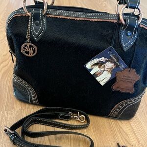 Cow hair and leather Western tooled American West Black and Brown Satchel Purse